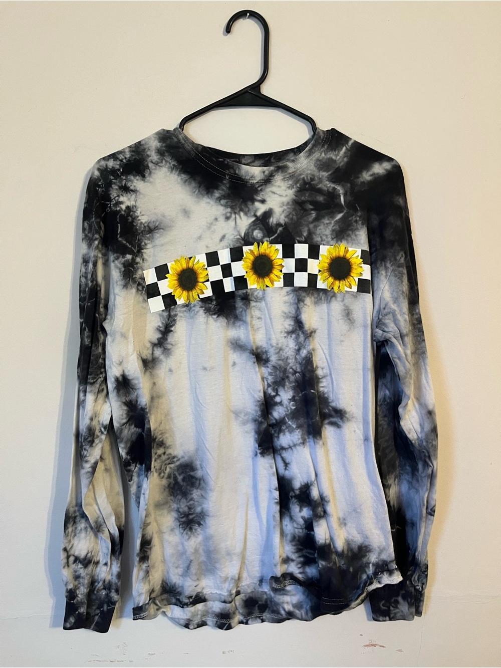 Tie-Dye Black & White Long Sleeve Tee with Sunflower Detail